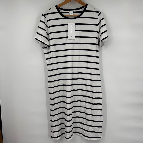 Athleta Essential Tee Dress Navy White Stripe Supima Cotton Knit Size L T - Picture 2 of 9